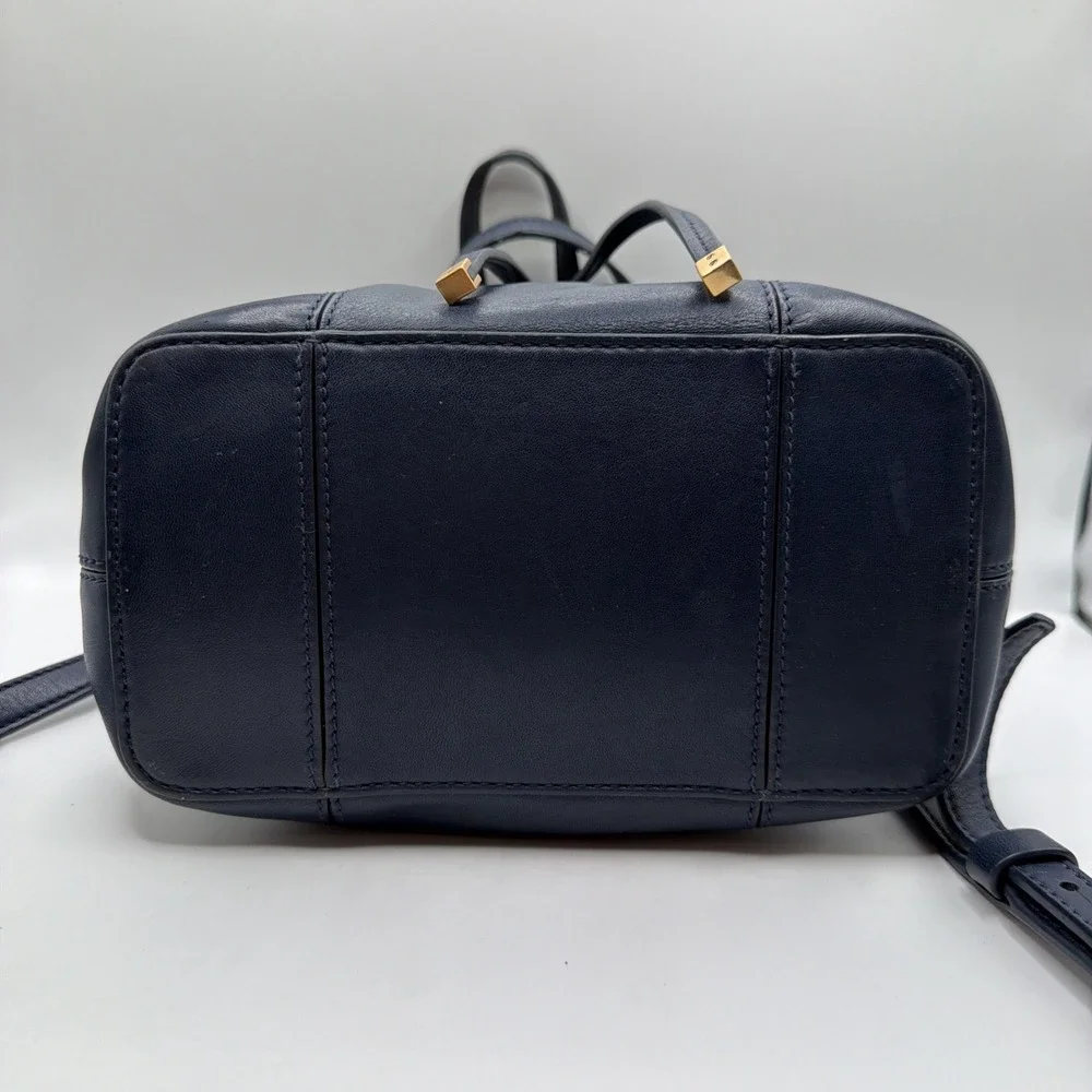Tory Burch Block T Small Navy Blue Leather Bucket Bag Drawstring Closure